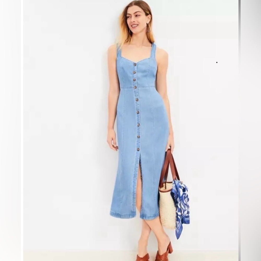 LOFT Petite Chambray Crossover Back Button Midi Dress Size 2P NWT